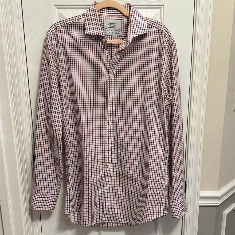 Charles Tyrwhitt Red White and Blue Checkered Non Iron Extra Slim Fit Shirt Sz16